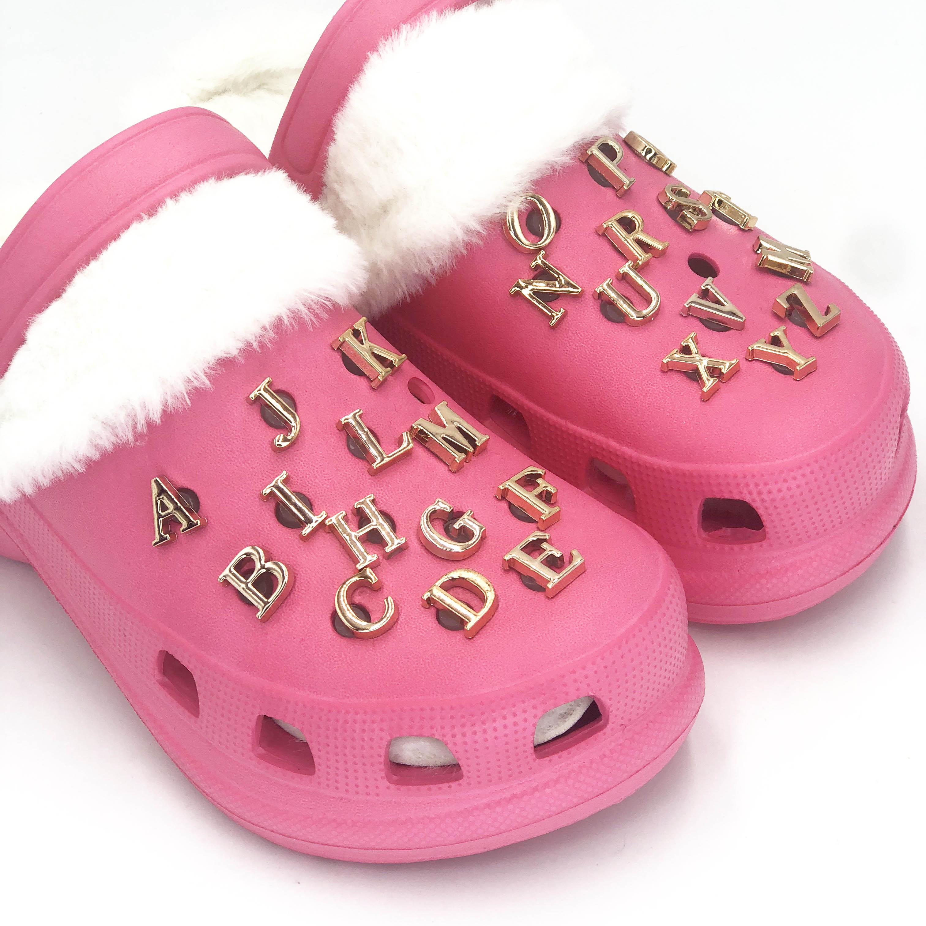 Autumn and winter women's red Furry Clog Shoe Gold letters Plush croc shoes