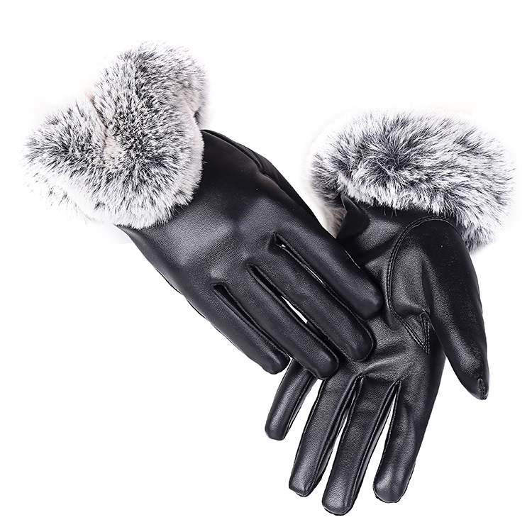 PU Touch Screen Gloves Autumn Black Leather Winter Warm Mittens Gloves for Women Lady