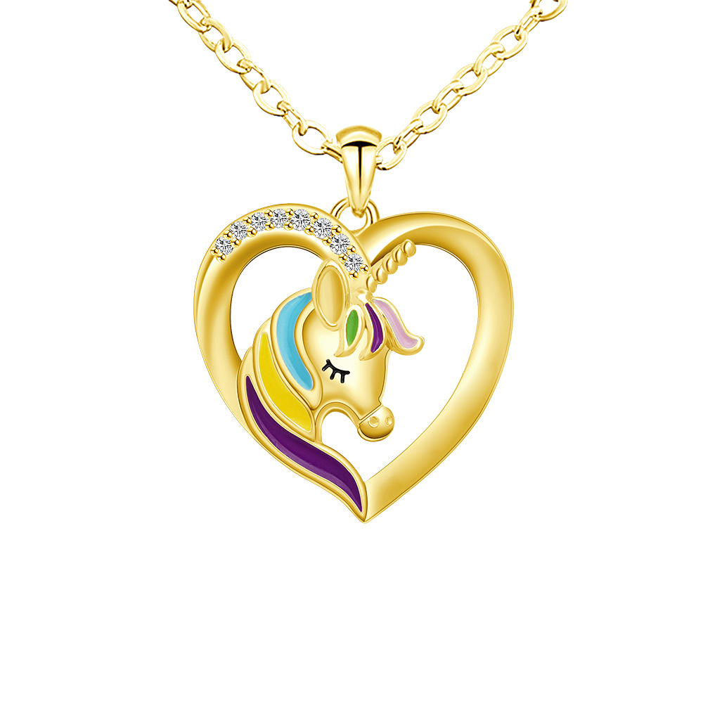 Wholesale new design 18k gold plated stainless colorful zircon horse heart shape pendant necklace