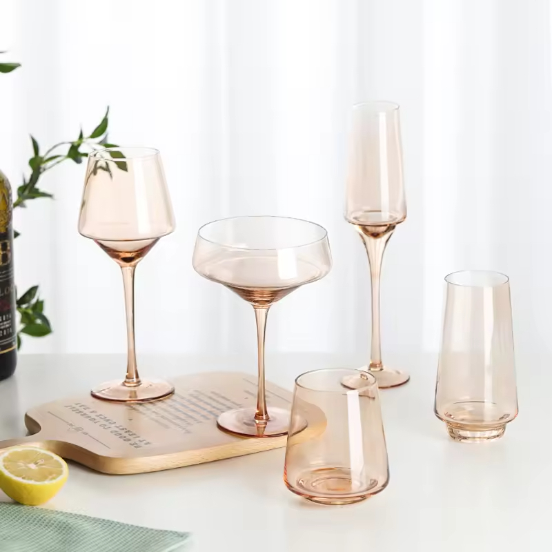 High Quality Unique Design Amber Colored Champagne Glass Goblet Custom Premium Crystal Hand Blown Crystal Red Wine Glass