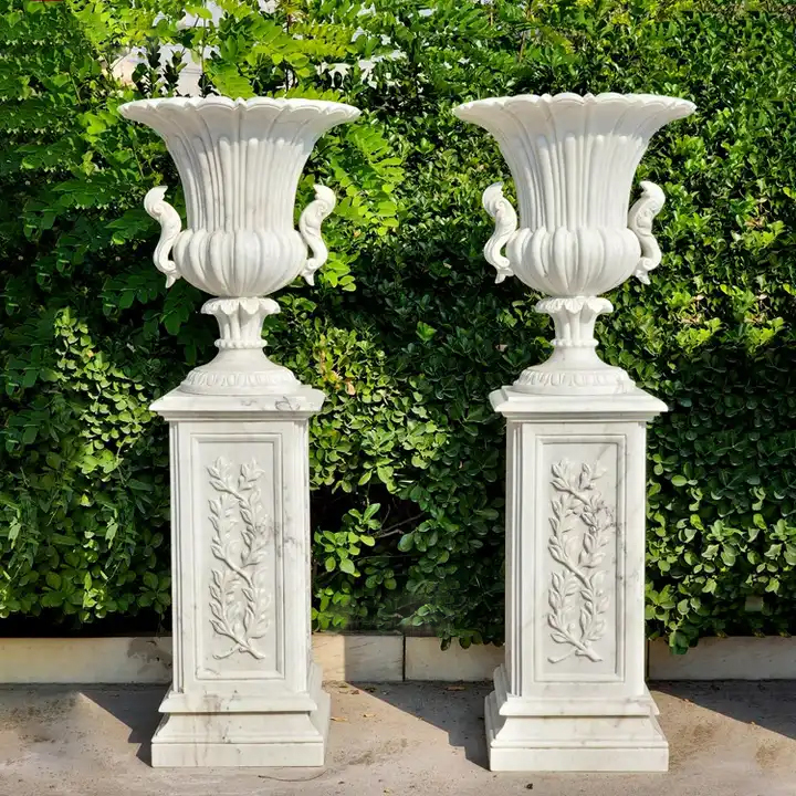 Garden Stone Furniture Flower Vase White Marble Planter Stone Carving Pots Marble Vase for Sale