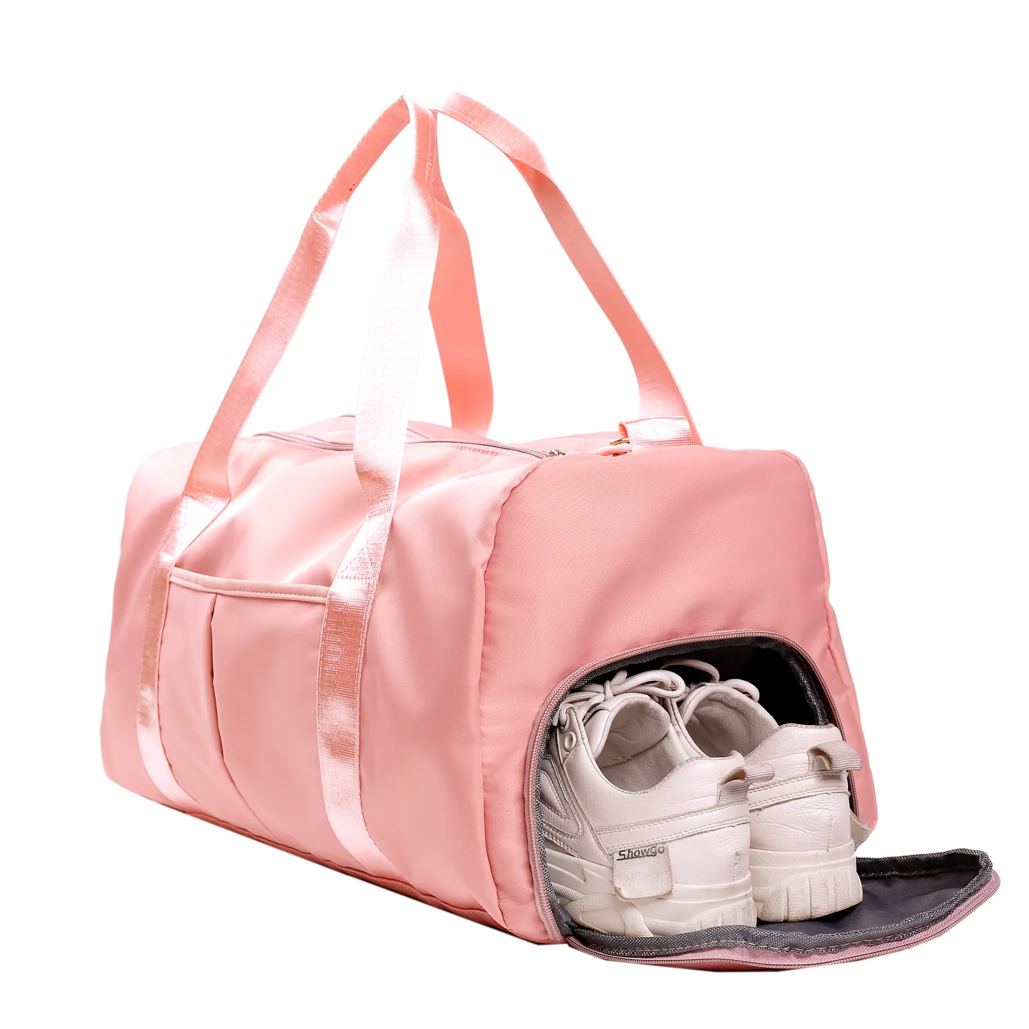 Custom Logo High Quality Waterproof Women Pink Nylon Duffle Travel Sports Gym Bag With Shoe Compartment Wet Pocket