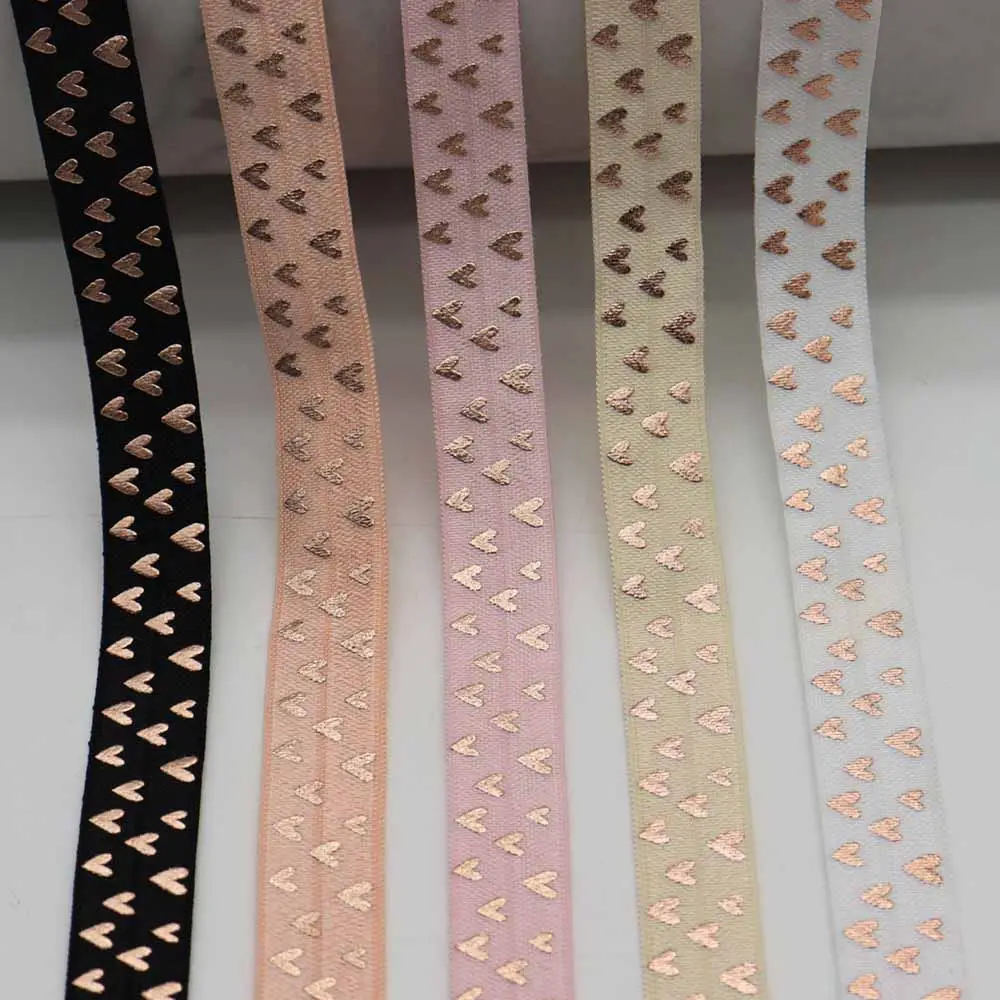 15mm Rose Gold Foil Hearts Printed Fold Over Elastic Ribbon For Hair Ties