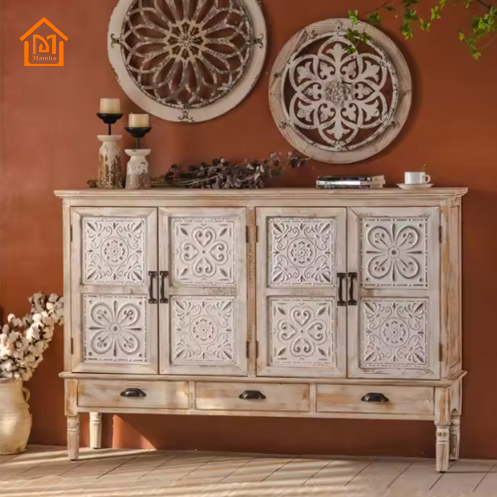 2024 Rustic white farmhouse style antique wood tall cabinet wooden furniture home decor storage cabinets with doors and drawer