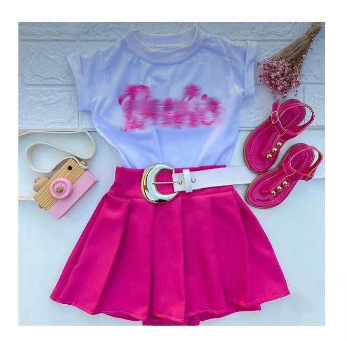 Wholesale toddler girls clothing set short sleeve letter T-shirt + solid pleated skirt 2 pcs outfit Clothing set for girls