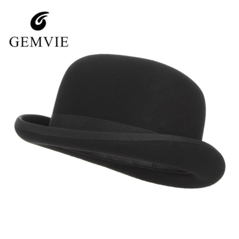 100% Wool Felt Black Derby Bowler Hat for Men Women Satin Lined Fashion Party Formal Fedora Costume Magician Hat