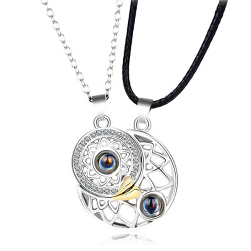 Fashion Romantic Necklace Silver Color Zircon Couple Necklace Moon Sun Projection Necklace