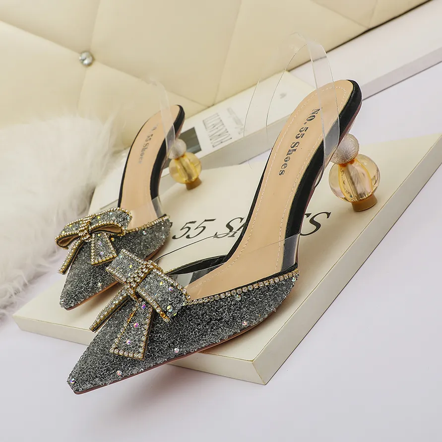 Latest design pointed toe thick chunky heels diamond ladies high heel sandals for women