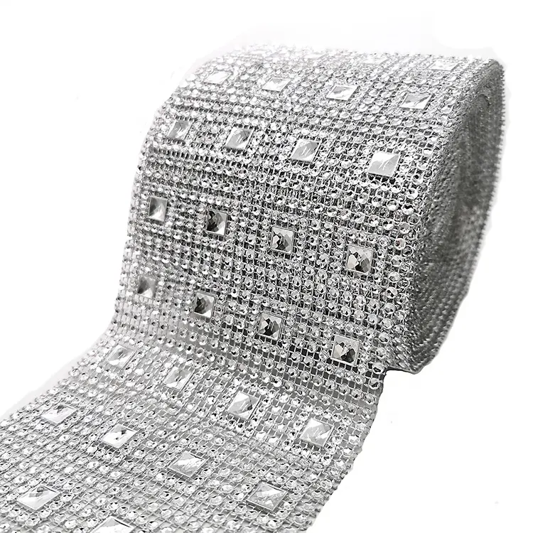 wholesale 24 rows silver round diamond trimming plastic acrylic square rhinestone wrap roll for Bedding