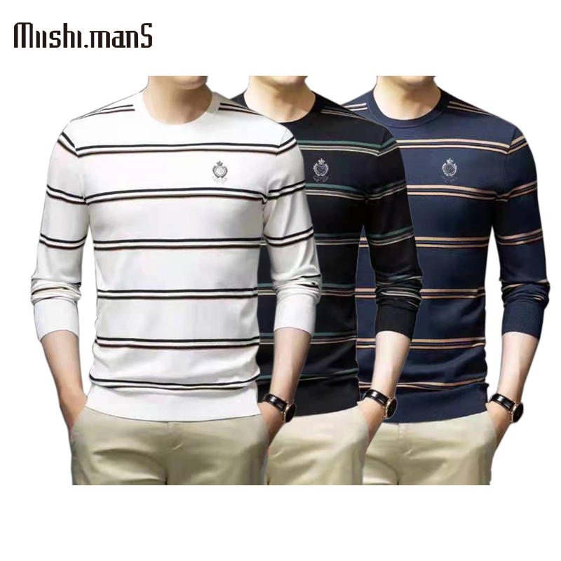 Spot high quality 100% polyester embroidery logo yarn-dyed long-sleeved men's sweater small MOQ long-sleeved sweater men