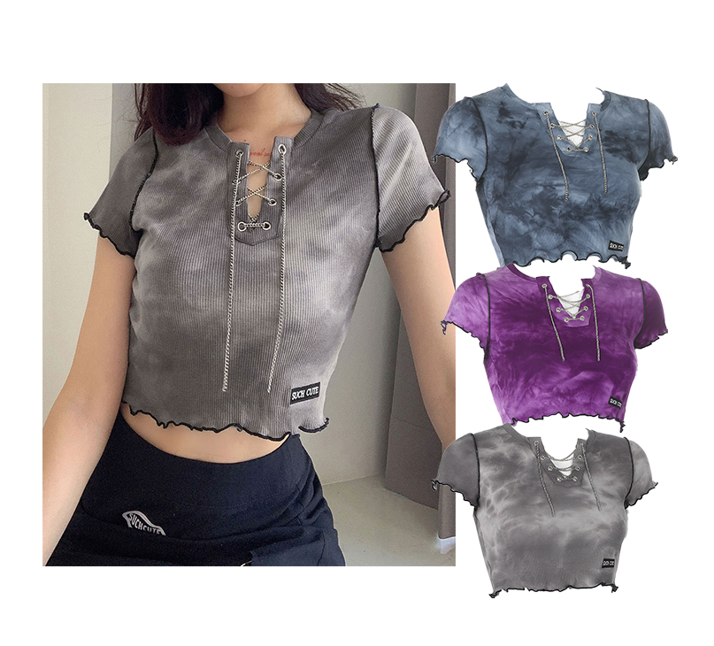 Hot selling women tie dyed printing knitted ribbed chain lace up merrow edge cuff crop top t shirt