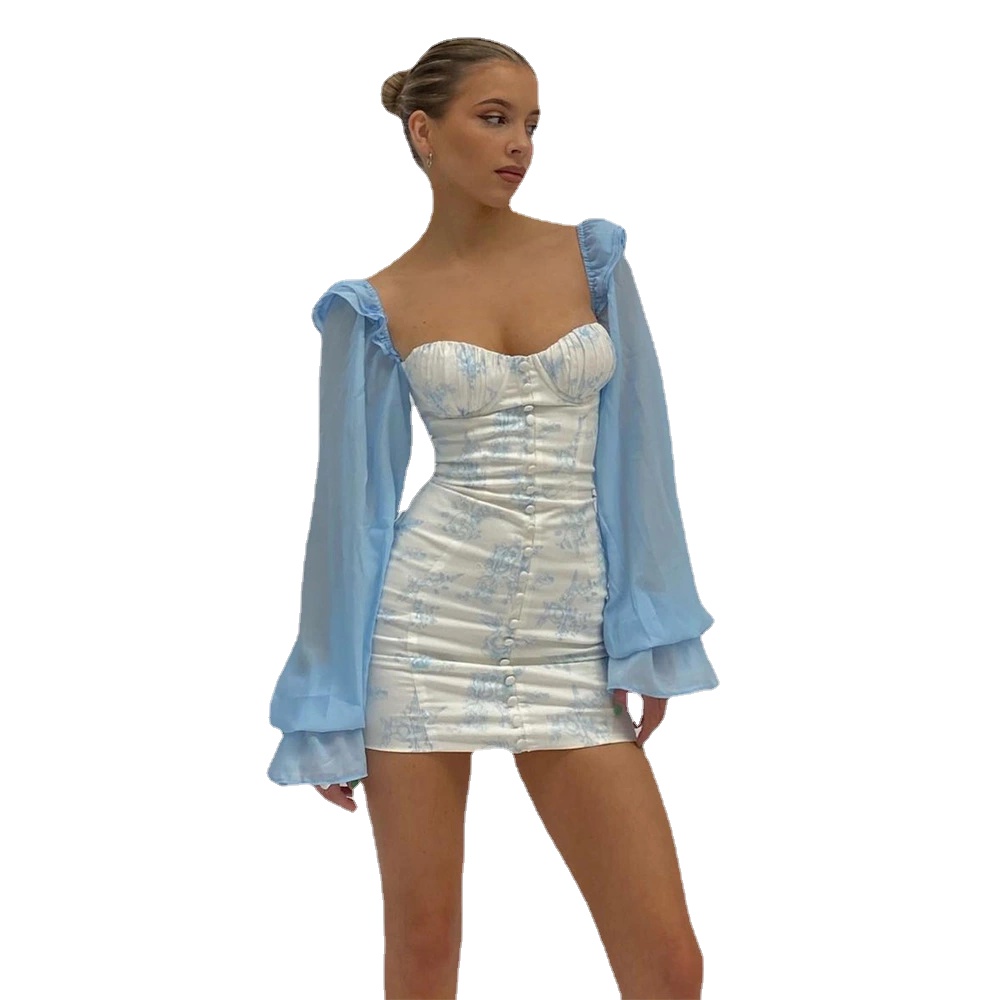 2021 France style fashion ladies blue printing contrast sleeve colors women shirts dress