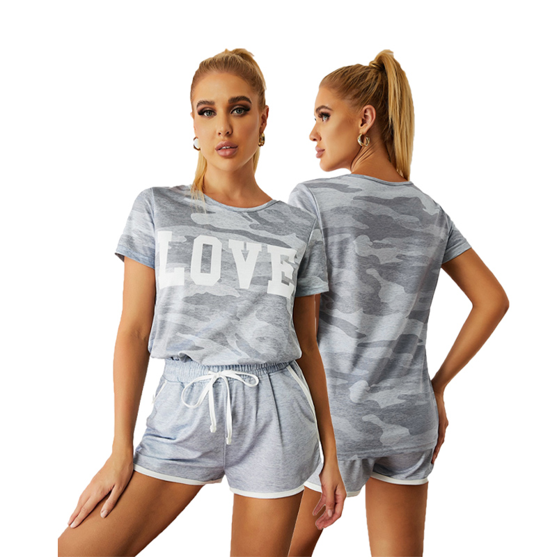Wholesale Custom High Quality Women T Shirt and Shorts Gray Camo Letter Print Short Set for Women