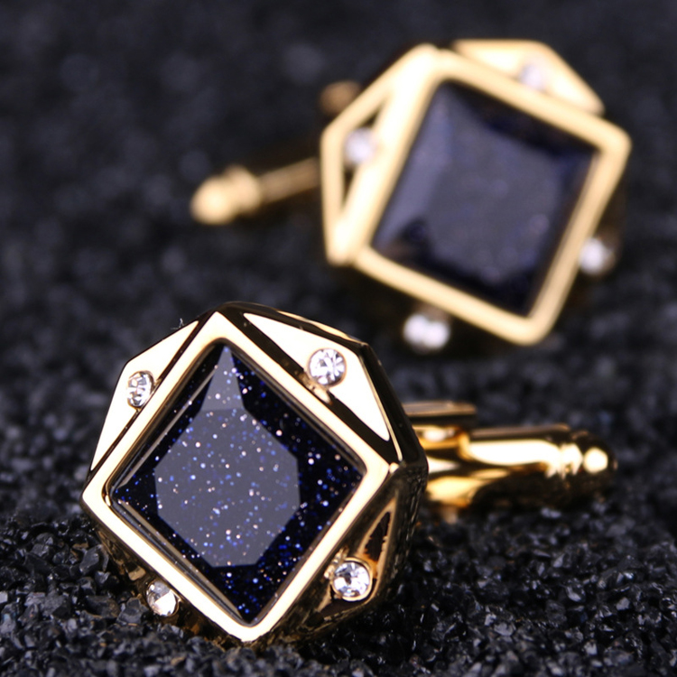 French style suit custom stainless steel cuff links gold plating diamond men cufflinks with black glitter