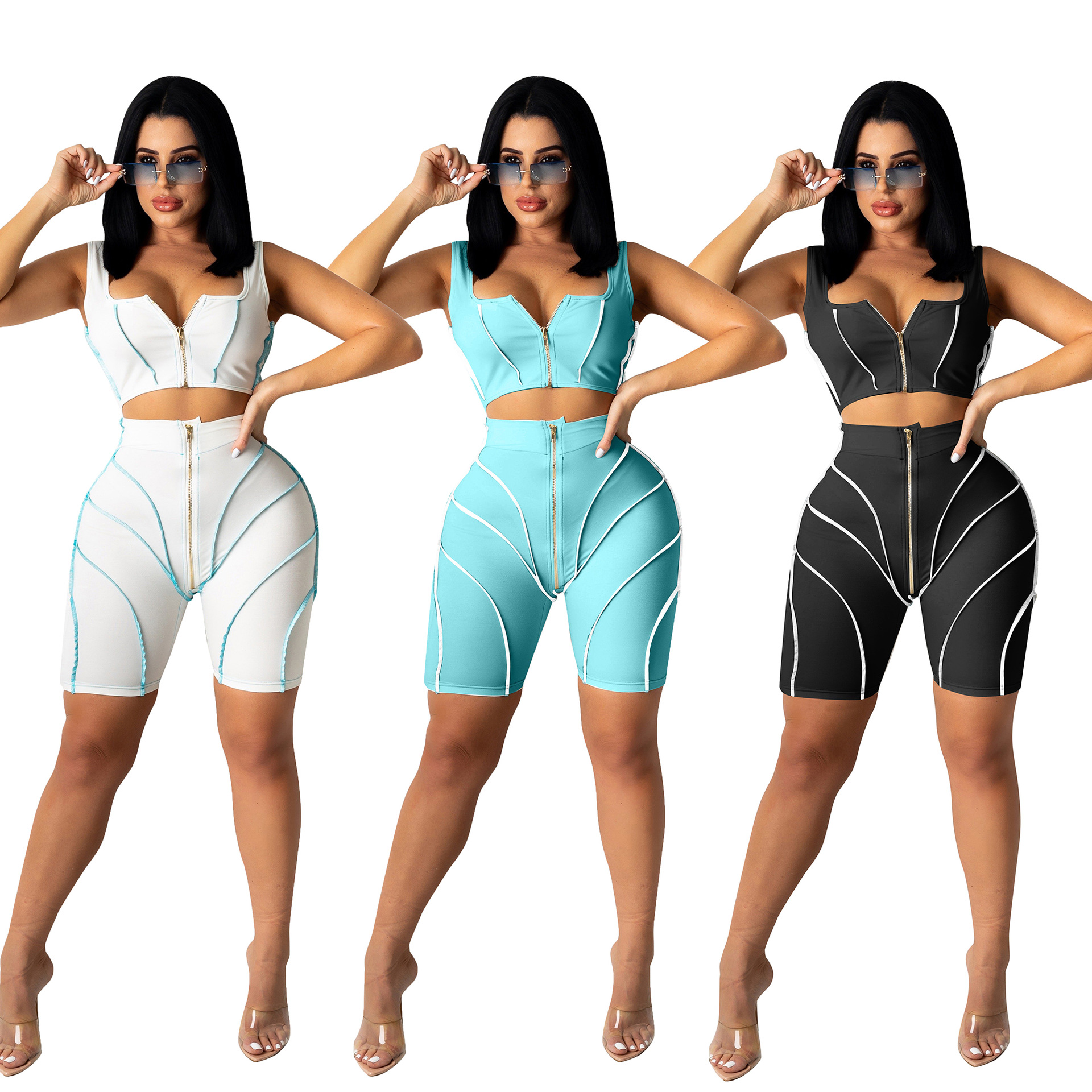 M2151 - shorts and top fashion casual solid square collar zipper slip sleeveless sport women two piece set