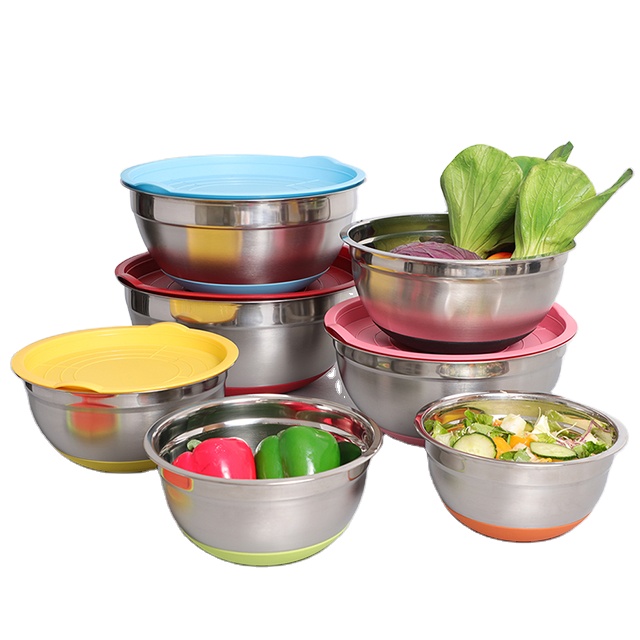 Stainless Steel Mixing Salad Bowls with colorful lid & Non-Slip Base Size 18/20/22/24/26/28/30 Easy clean great gift kitchenware