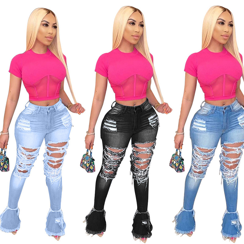 Women's Plus Size Jeans European And American Women's Clothing Fringed Ruffled Hole Stretch Long Jeans