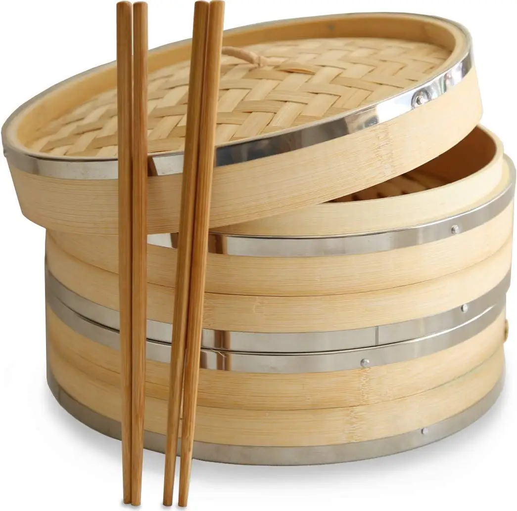 Custom 10 Inches Bamboo Steamer With Stainless Steel, High Quality Bamboo Dumpling Steamer For Vegetables, Meat