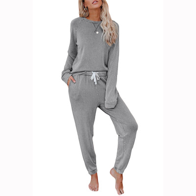 2021 New European and American women's home wear two-piece autumn and winter Amazon plain pants pajamas 45052