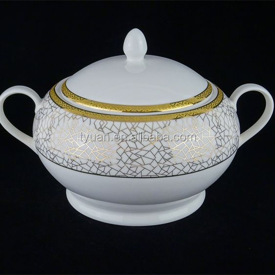bone china gold geometric printed soup tureen bowls with lid