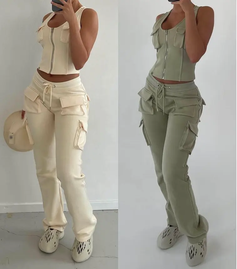 New 2022 Fashion Women's Sets French Terry Zip Up Jacket Sleeveless Cargo 3d Pockets Co Ord Jogger Two Piece Pants Set for Women