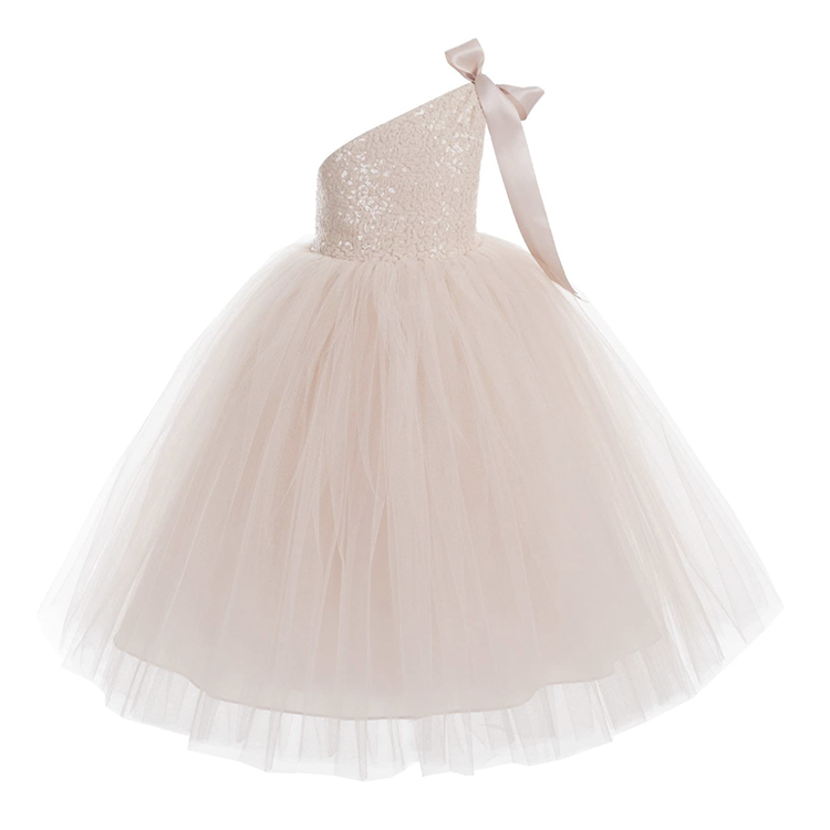 Wholesale cheap kid baby birthday sequins beading one-shoulder bow pink flower girl dresses for wedding
