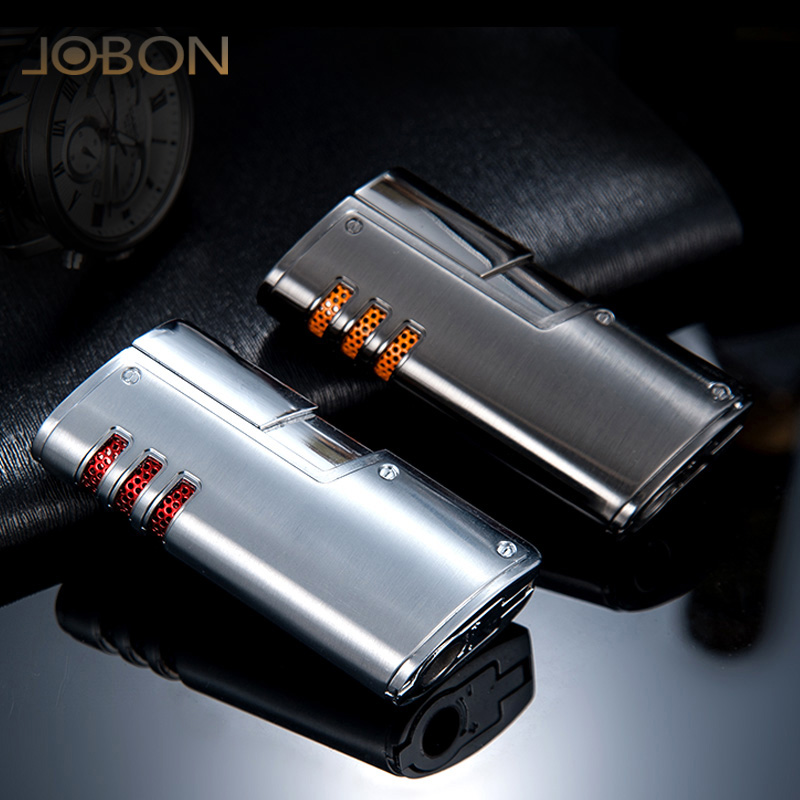 JOBON Бутановая газовая Тройная зажигалка с синим пламенем, уникальная зажигалка, mecheros, зажигалка, аксессуары, Пользовательский логотип россыпью