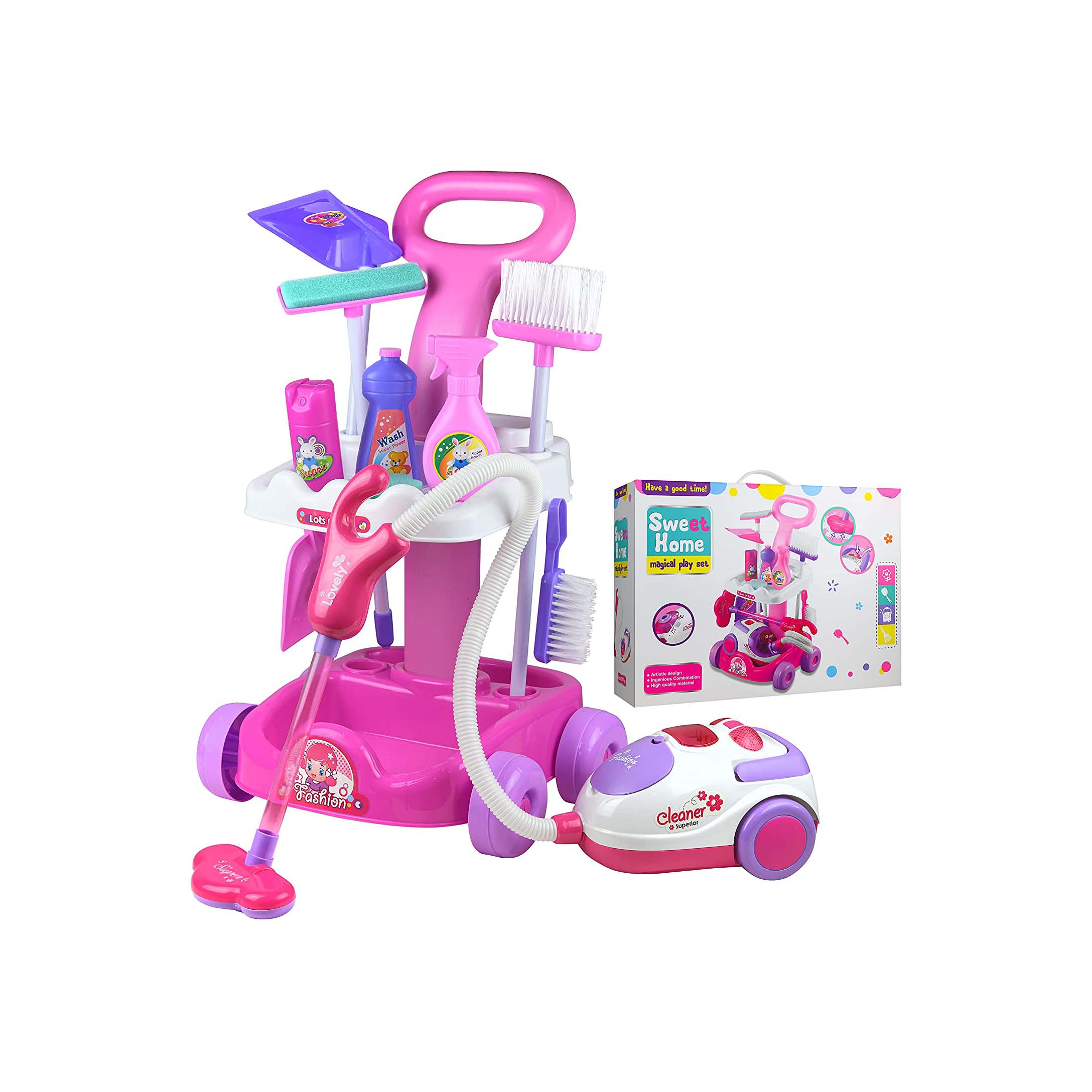 Magical Play Set for Kids with Toy Vacuum Cleaner Mop Broom Sponge Dustpan and Pretend Cleaning Toys