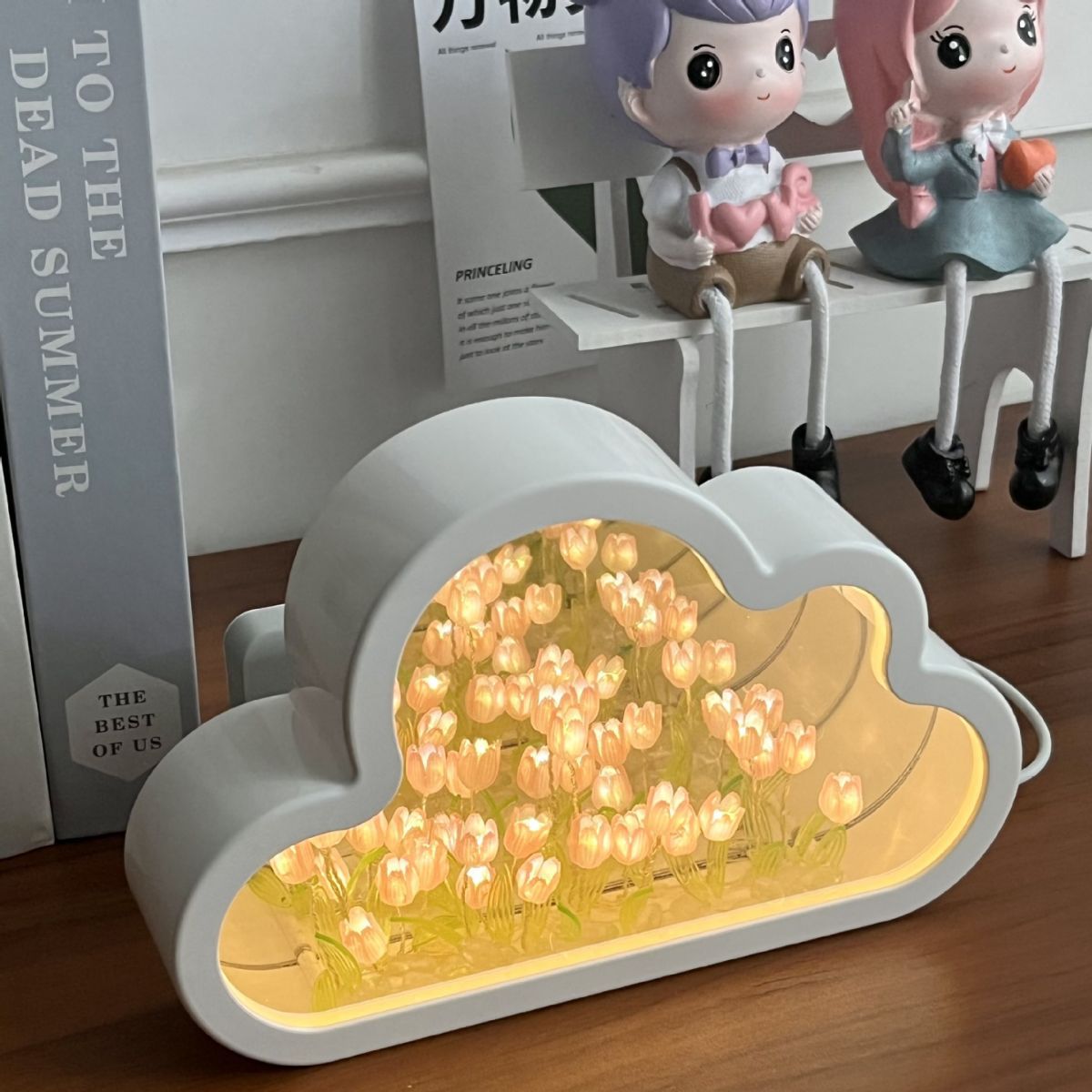 Creative Handmade DIY LED Cloud Shape Tulip Mirror Hot Sale Luminous Tulip Lamp Bedroom Bedside Decoration For Friend Gift
