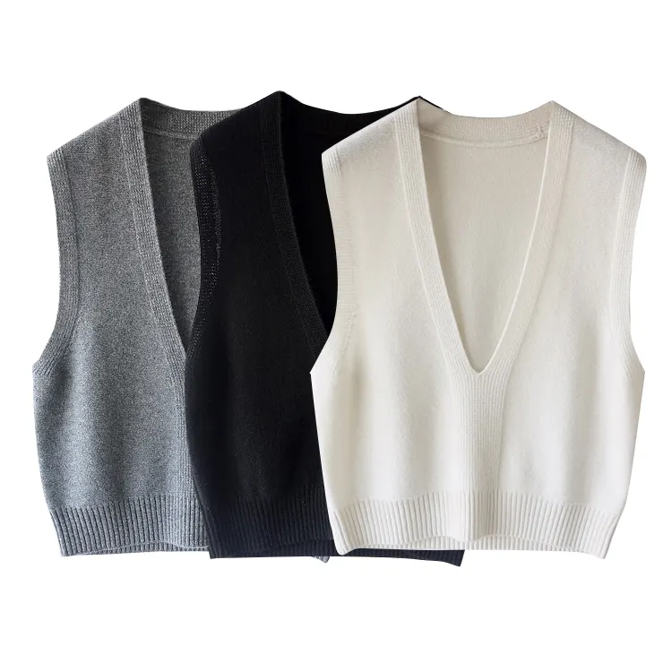 Custom OEM 100% Woolen V Neck Loose Fit Sleeveless Knitted Sweater Vest For Women