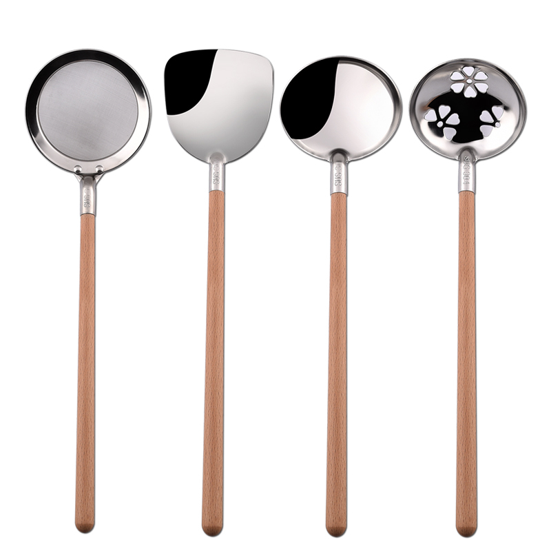 Kitchen gadgets wooden handle small kitchenware 18/8 stainless steel soup ladle slotted spoon cooking utensil set