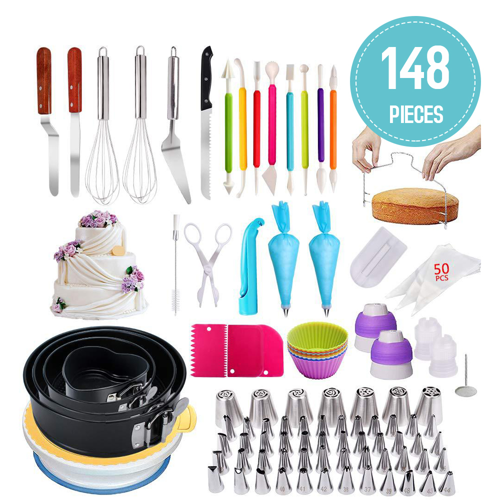 148 PCS Professional Cake Decorating Supplies Kit Icing Nozzles Turntable Stand Equipment//