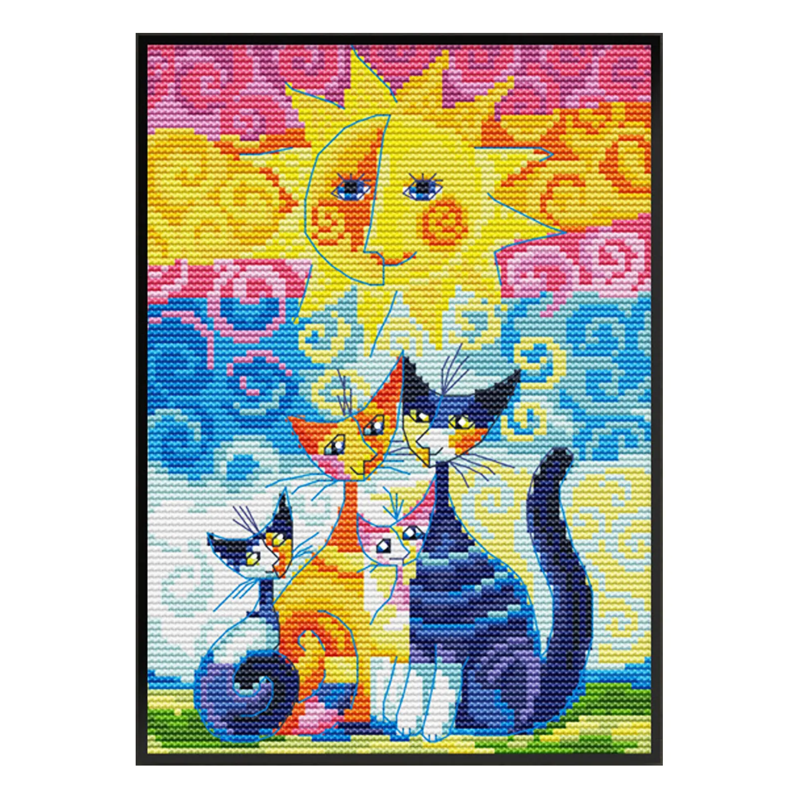 Hot New Style Cute Animal Diy Needlework Colorful Cotton Thread Art Stamped Embroidery Cloth Cat And Sun Cross Stitch Kit