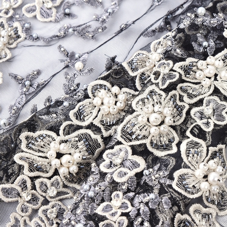 100% polyester bridal luxury beads sequins flower embroidery lace fabric for wedding dresses