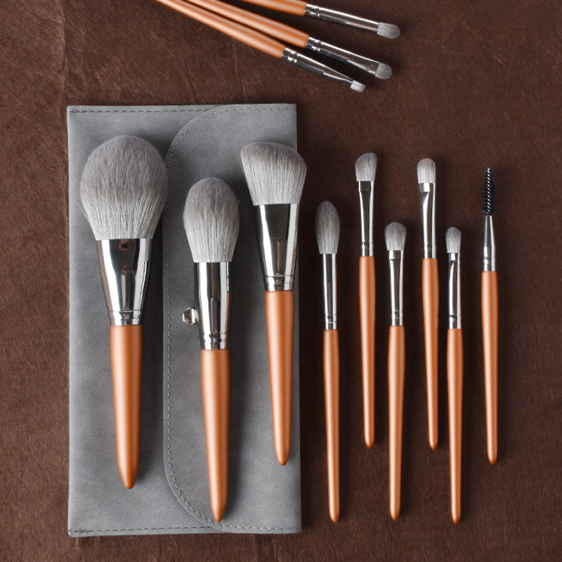 Uniasia 11 Pcs Orange Vegan Makeup Brushes Professional Wood Handle Beauty Brush Set Private Label