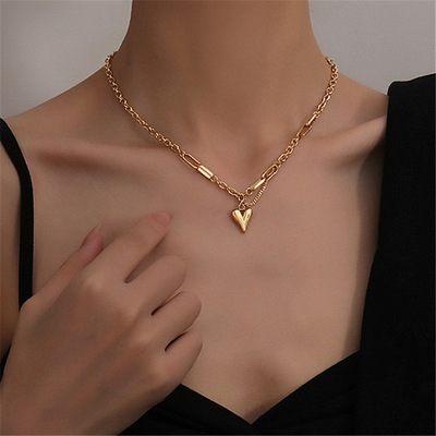 Vintage Popular Real Gold Plated Heart Pendant Necklaces Titanium Steel Link Chain Heart Necklace For Girlfriend