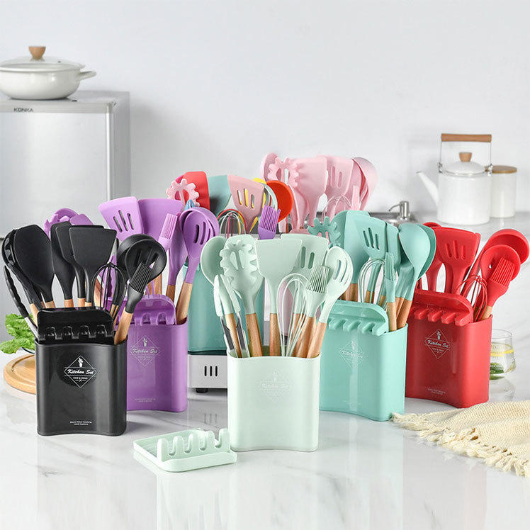 Good quality 12pcs Multi-Color wooden Plastic silicone kitchen utensils set cooking utensils for kitchen