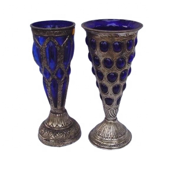 Brass vase in antique silver finish and blown glass
