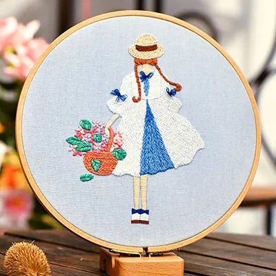 DIY Embroidery Kits with Embroidery Hoops Cartoon Girl Patterns Needlework Set Handmade Arts Crafts Friend Gift