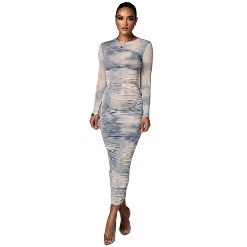 European American Style Autumn And Winter Dress Women's Long Sleeved Round Neck Slim All Match Printing And Dyeing Long Skirt