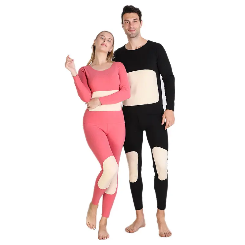 New Qetesh Patch Thermal Underwear Men And Women Knee Pads Double Layer Plus Velvet Thermal Underwear Set