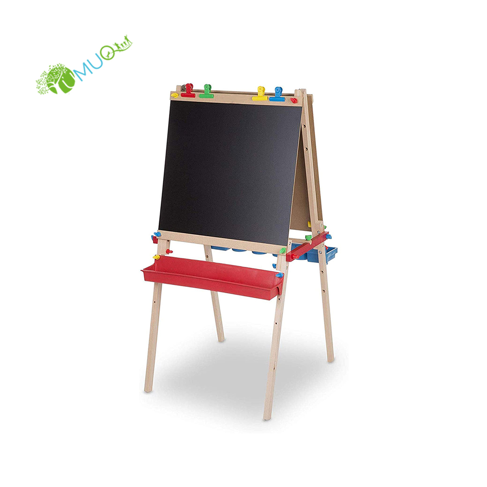 YumuQ 27" x 26" x 47" Foldable Educational Wood Art Easel Stand, Dual-sided Magnetic Dry-erase Board & Chalkboard for Toddlers