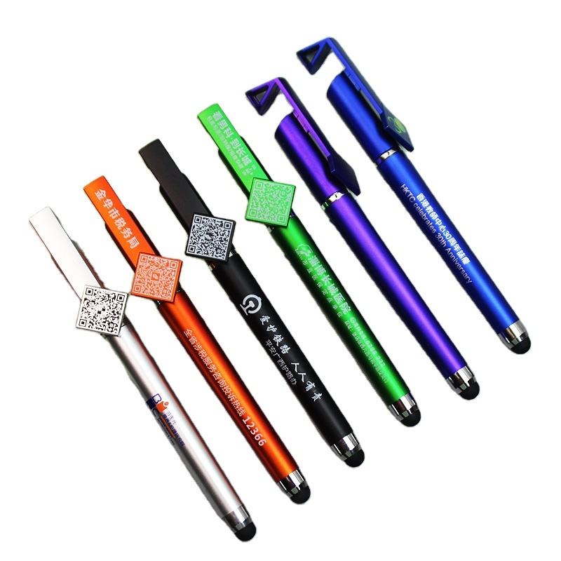4-in-1 Multifunction Plastic QR Code Banner Stand Blue Gel Pen 0.5mm Touch Screen Stylus for Mobile Phones Promotional Mobile