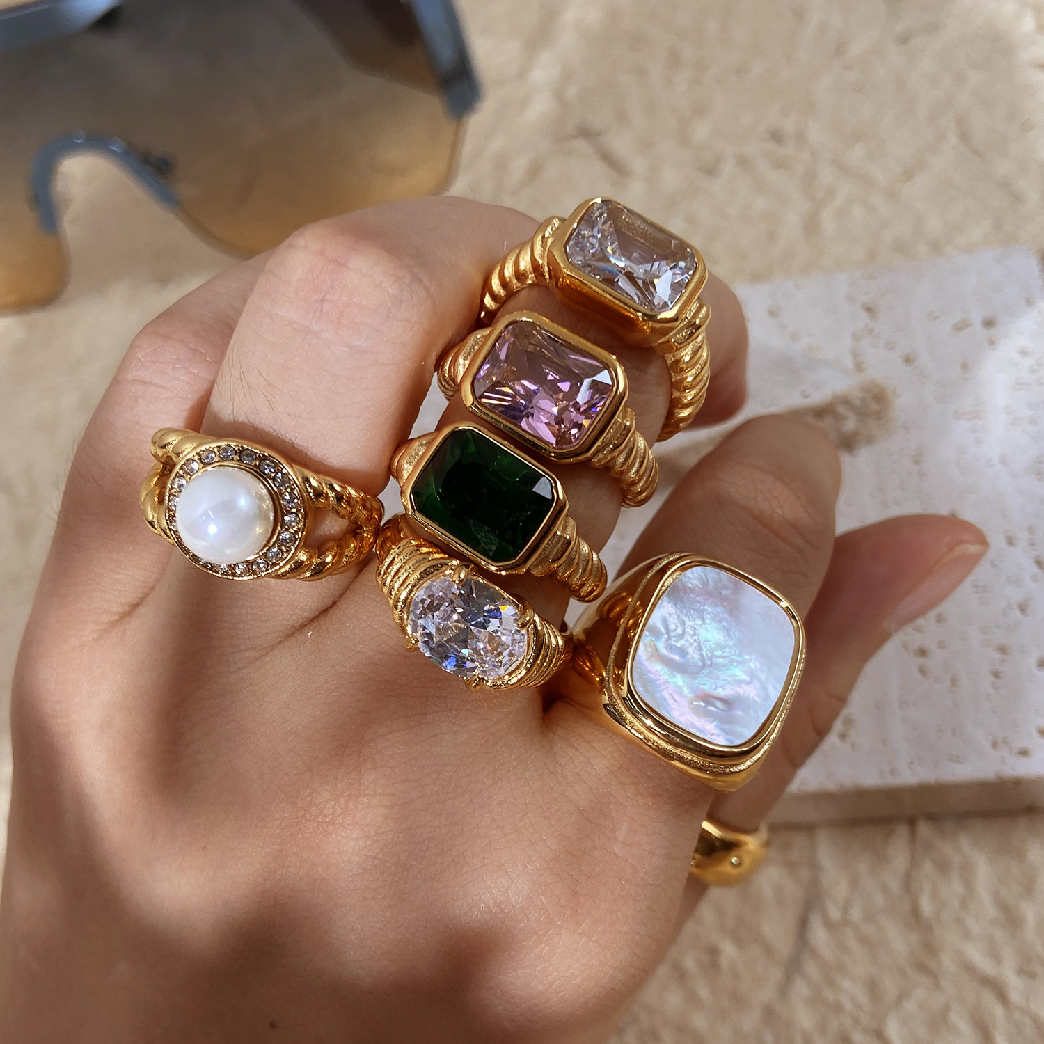 brass real gold plated customized pearl emerald red agate natural stone sea shell CZ stone adjustable rings