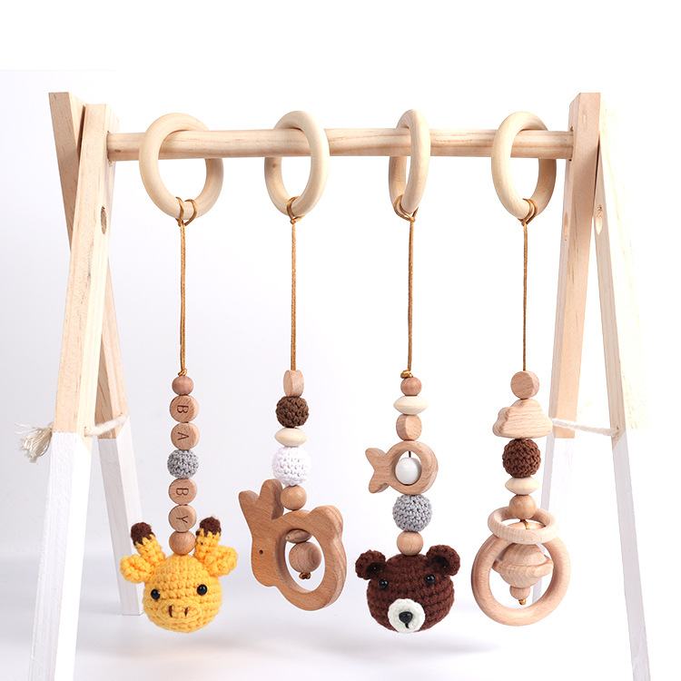 4Pcs Wooden Rattle Teethers Baby Toys Play Newborn Sensory Structure Baby Nursing Gifts Handmade Stroller Accessories