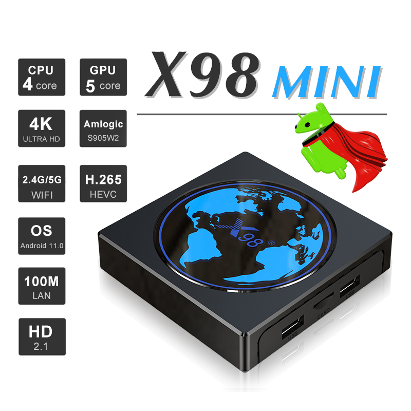 Новое поступление X98 Мини Android 11,0 Smart TV BOX, 2 Гб оперативной памяти, 16 Гб встроенной памяти, S905W2 Quad Core 4K 2,4G/5G Wi-Fi декодер каналов кабельного телевидения x96 mini + tv Box 64