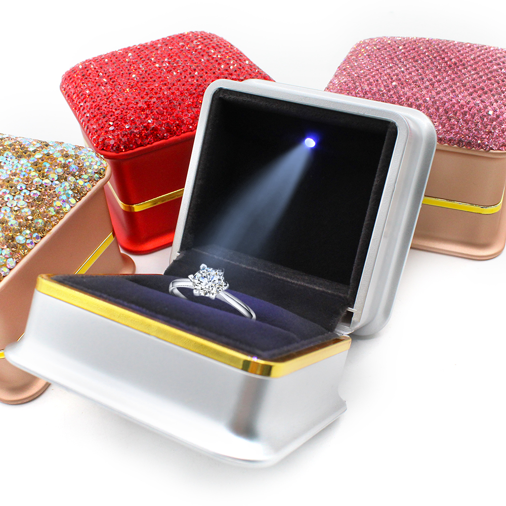 Inlay Rhinestones Square Velvet Ring Light Makeup Storage Jewelry Box For Ring/gift Storage