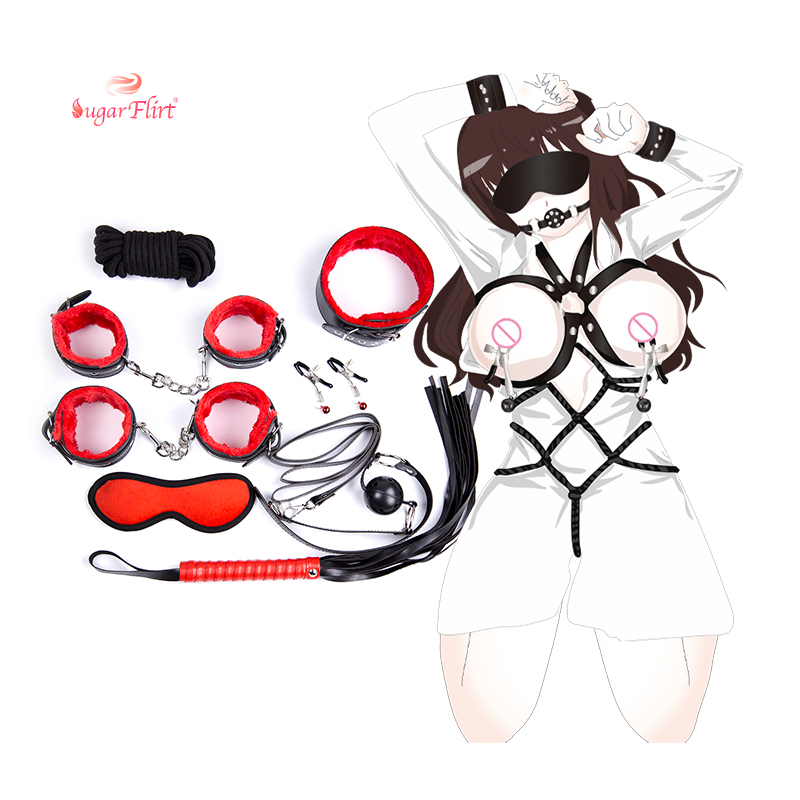Black Red Leather Plush Restraint Equipment Sex Toys Bdsm Bondage Set 8 Pcs For Women