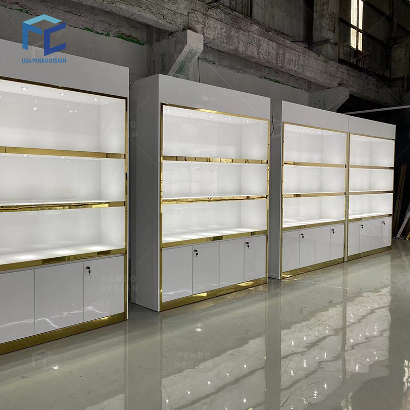 Led Lighting White And Gold Jewelry Display Cabinet Custom Wall Jewelry Showcase Handbags Display Cabinet