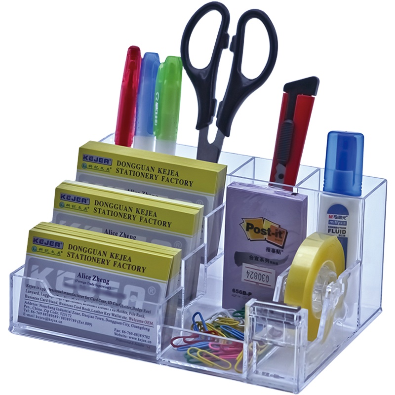 Multi-functional Quality Pen Holder with 3 Business Card Pockets Plastic Desk Organizer